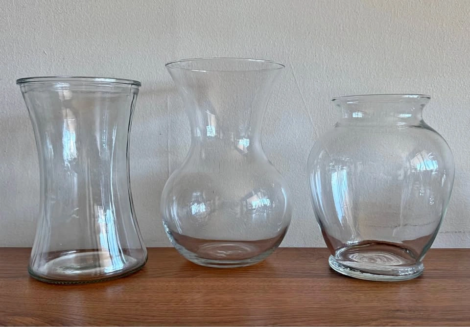 Set of 7 Clear Glass Vases