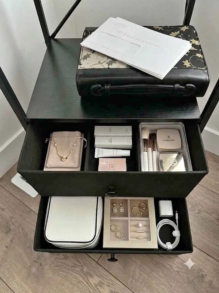 Black Nightstand with Charging Station and 2 Fabric Drawers