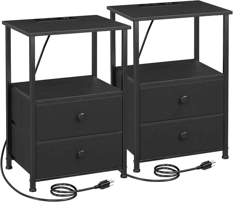 Black Nightstand with Charging Station and 2 Fabric Drawers - photo 4