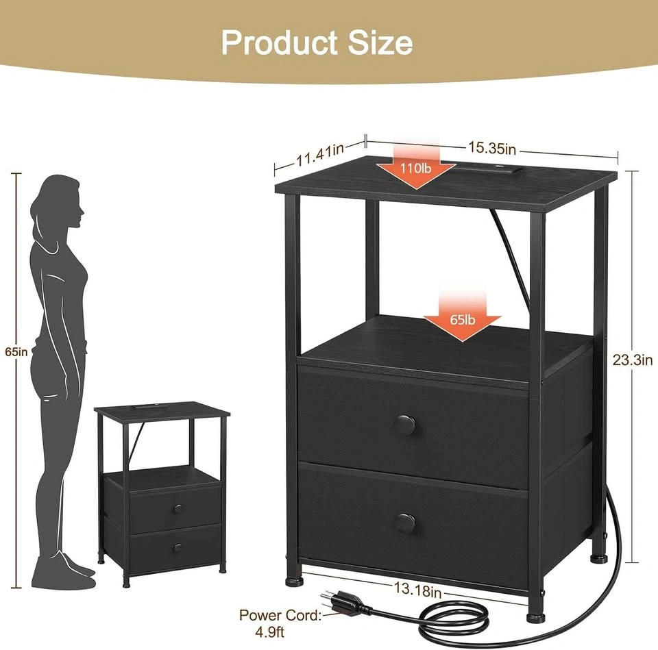 Black Nightstand with Charging Station and 2 Fabric Drawers - photo 5
