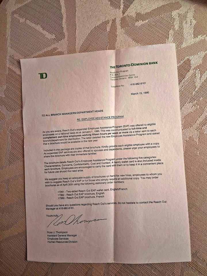 Vintage 1990 TD Bank Letter Ephemera