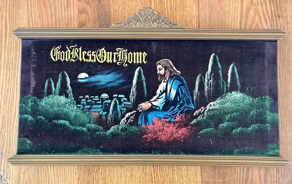 Available Vintage velvet painting of Jesus in frame Jeff/ thumbnail