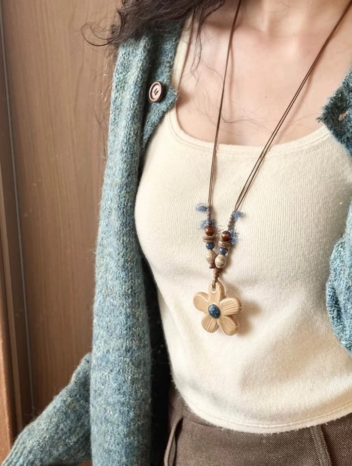 Brand New! Ceramic Flower Beaded Boho Necklace - One of a Kind! - photo 2