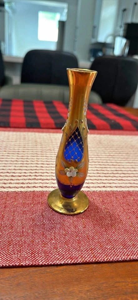 Vintage Cobalt Blue and Gold Glass Bud Vase