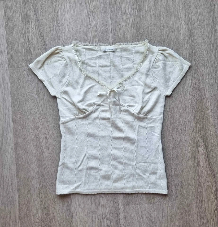 Japanese brand white top with ruffle and ribbon details