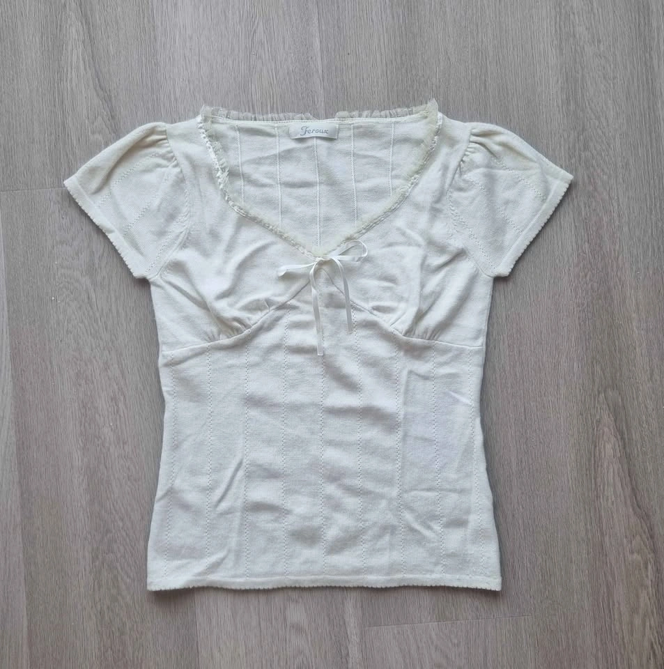 Japanese brand white top with ruffle and ribbon details - photo 4