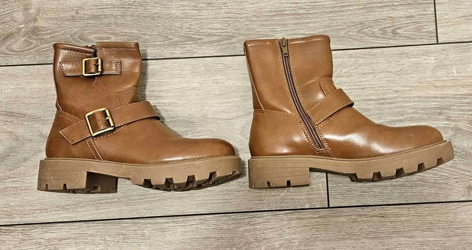 Ladies Brown Faux Leather Buckle Moto Boots - Size 5