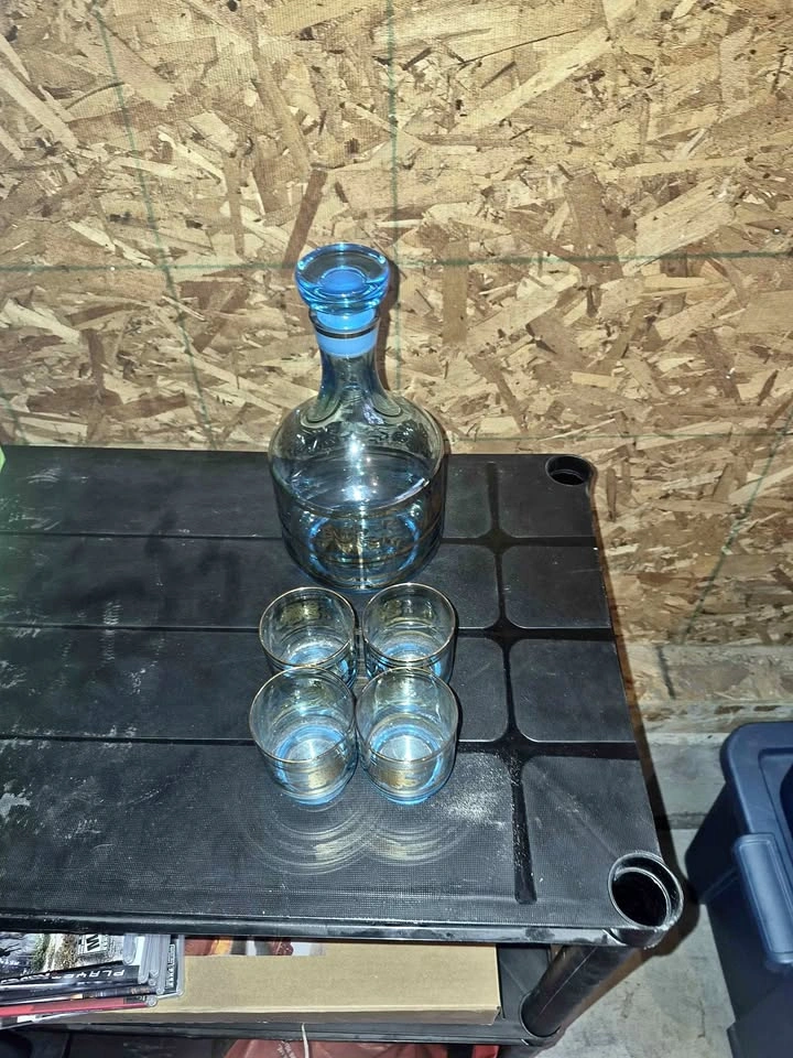 Vintage Mid-Century Modern Blue Glass Decanter Set