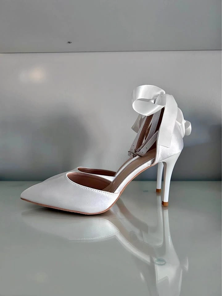 White satin heels with bow