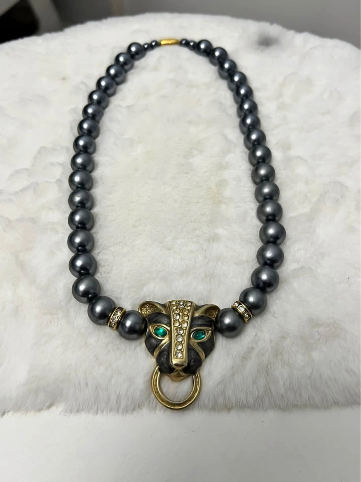 Vintage KJL for Avon Panther Black Pearl Necklace