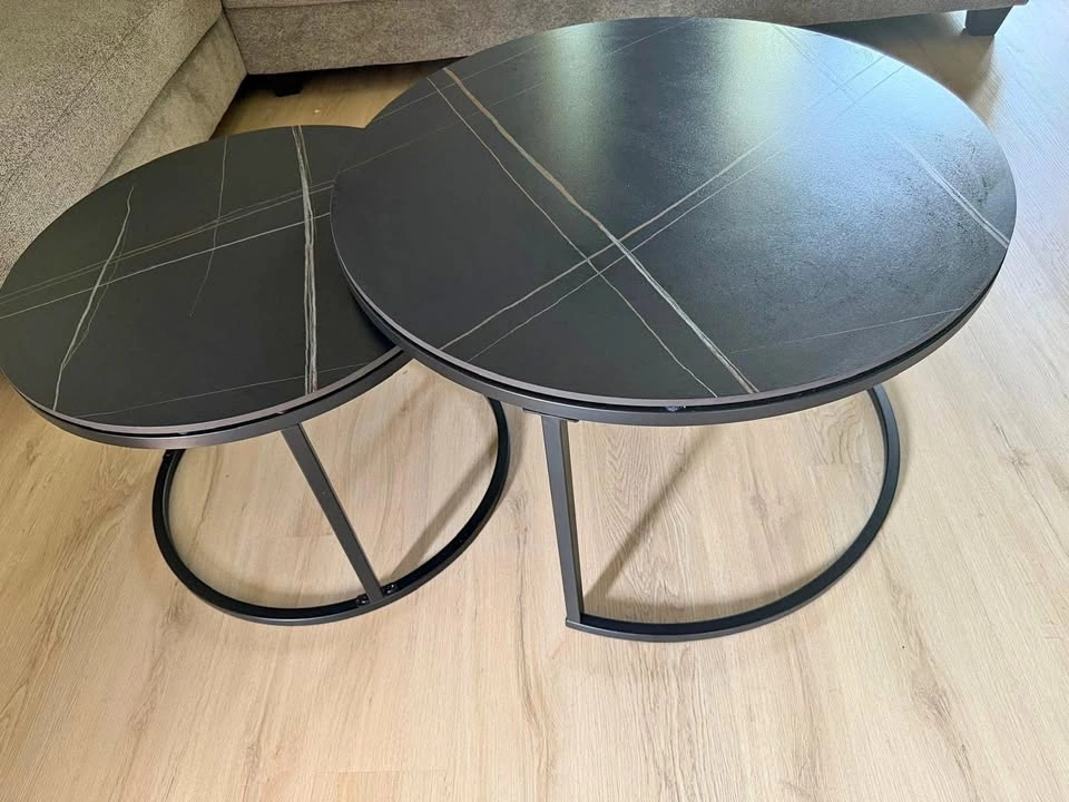 2-Piece Round Nesting Coffee Table Set - Black Marble Top