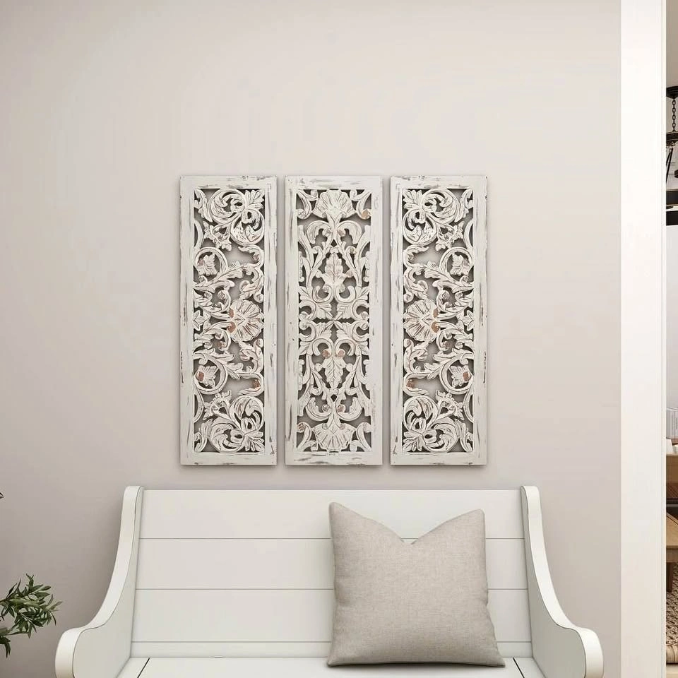 Wooden Handmade Intricately Carved Floral Wall Decor – Set of 3