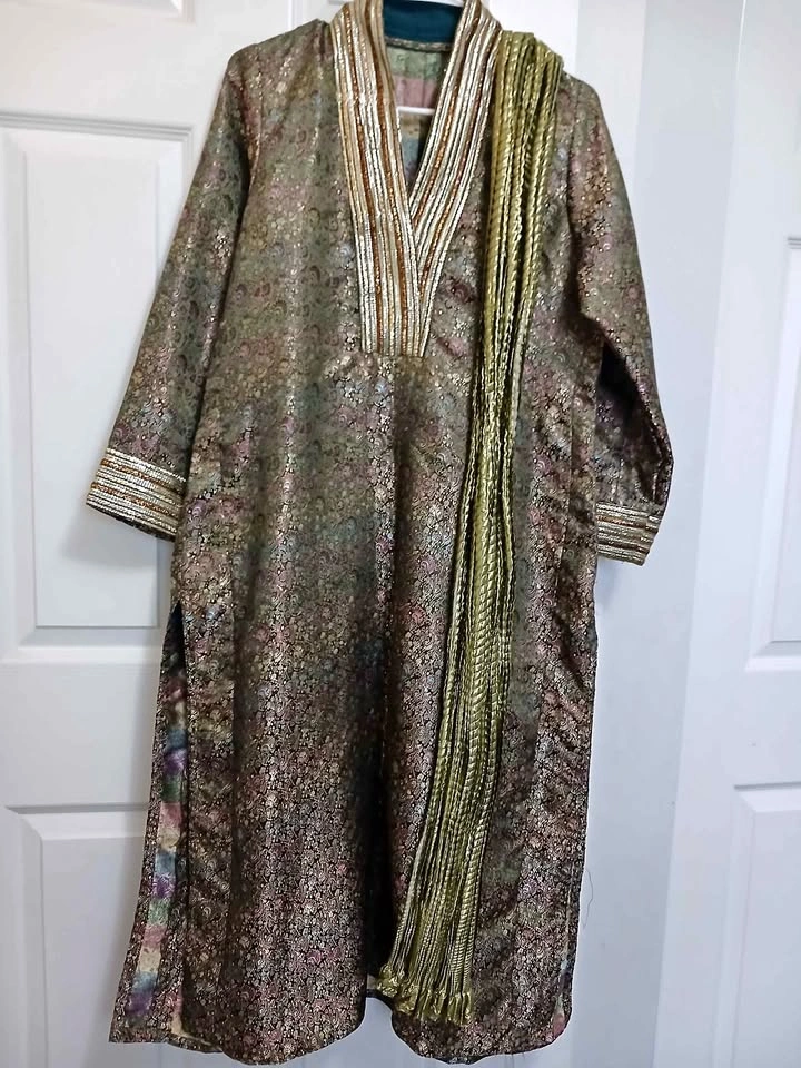 Elegant Olive & Gold Floral Brocade Long Kurti Set