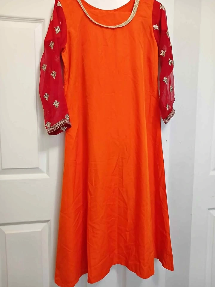 Women’s Bright Orange & Red Embroidered Dress with pajama