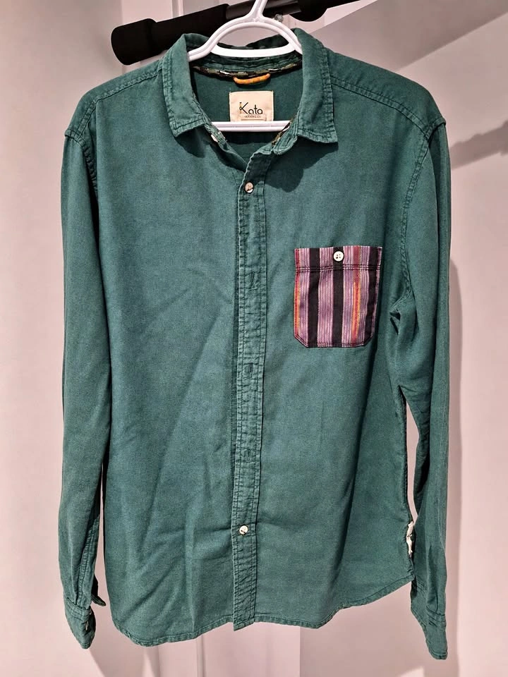 Green Button Down with Accent Pocket