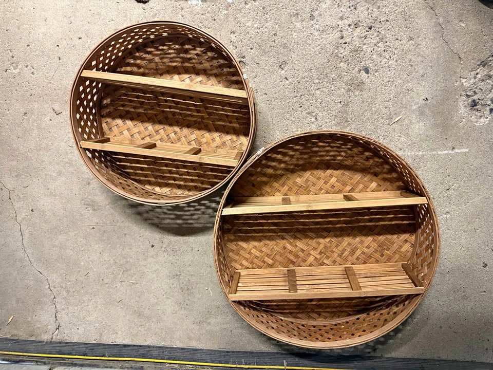 Vintage Boho Bamboo Rattan Round Wall Shelves – Set of 2