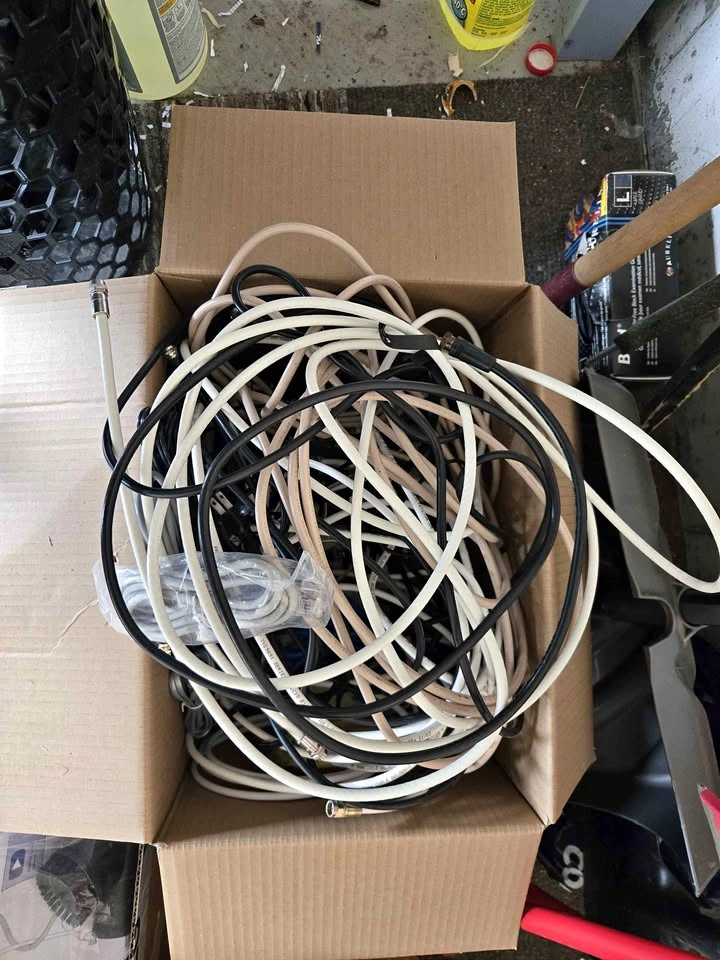 Box of Assorted Cables and Power Strips