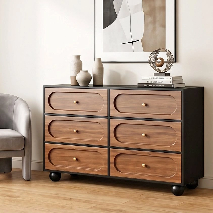 C5256 CBD033 Mid-Century Modern 6-Drawer Dresser – Black & Walnu
