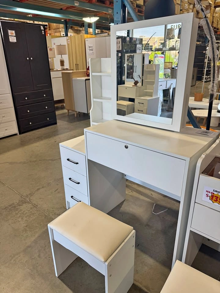 Modern White Vanity Table with Mirror & Stool From $179