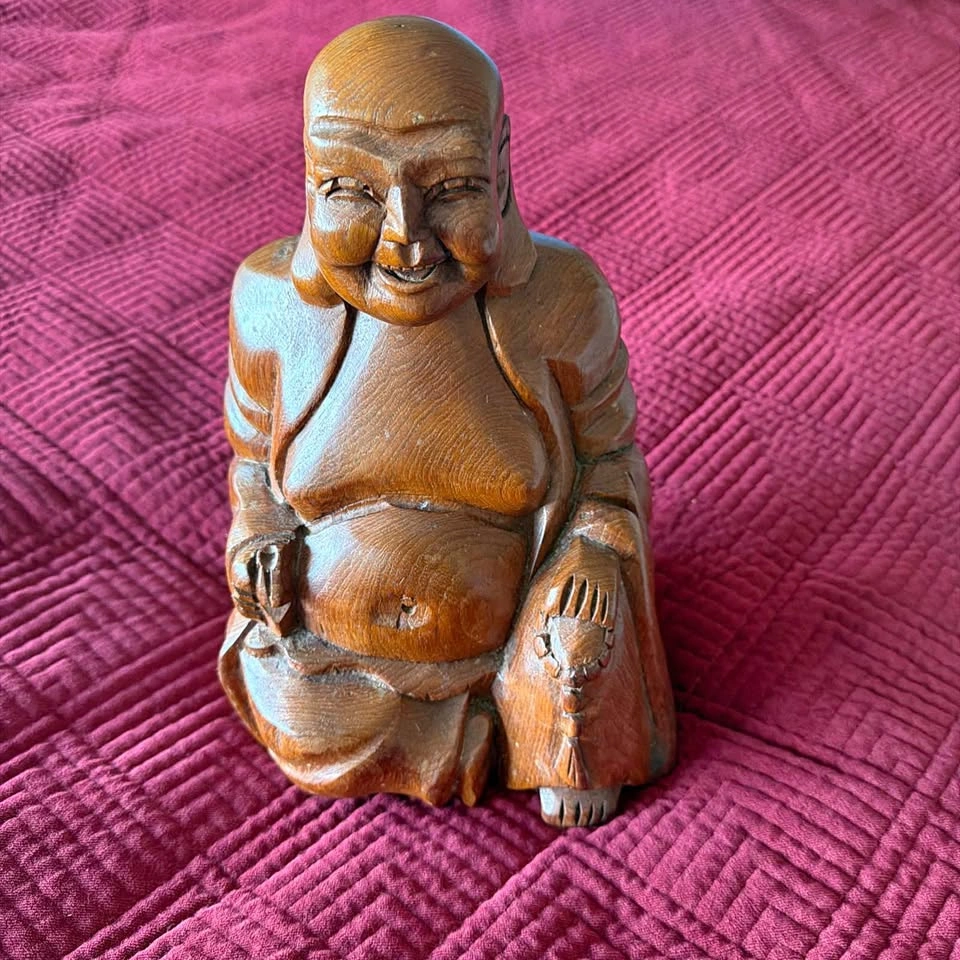 Vintage 11" X 7.25” Hand Carved Solid Wood Laughing Buddha