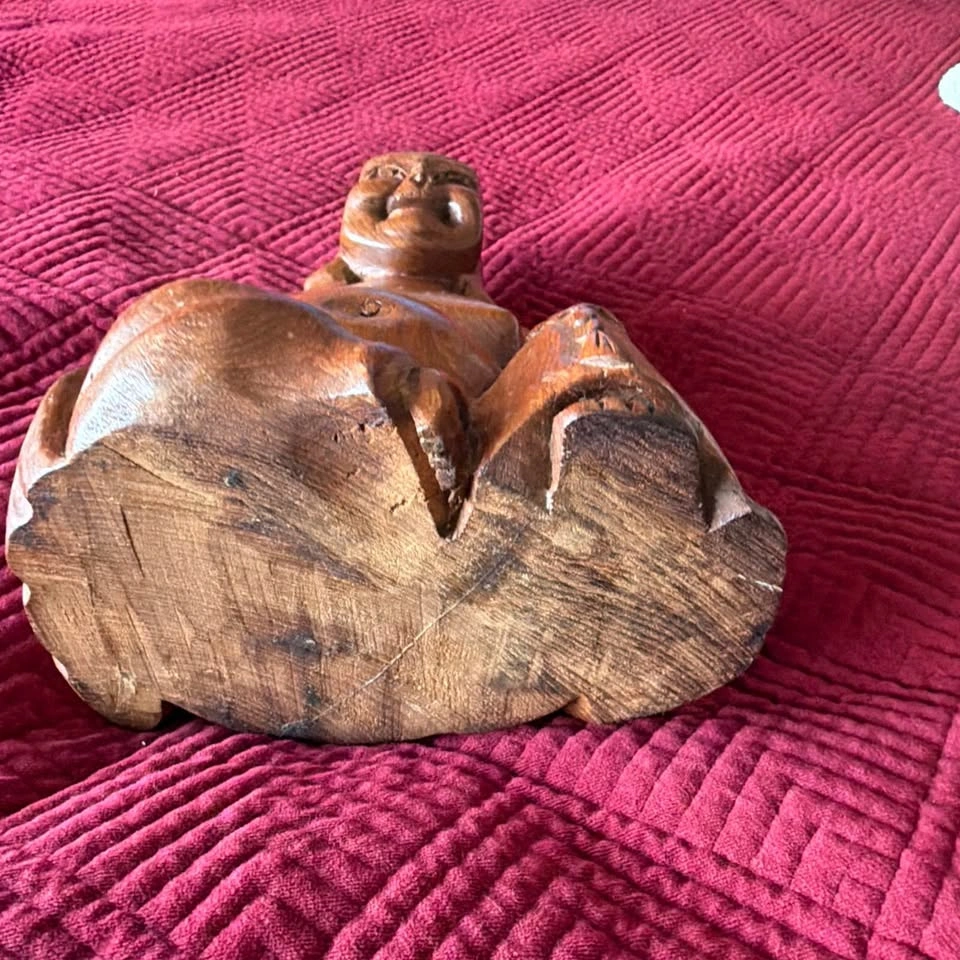 Vintage 11" X 7.25” Hand Carved Solid Wood Laughing Buddha - photo 3
