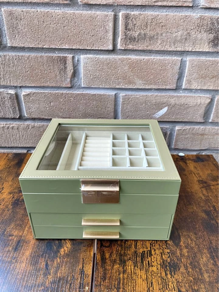 Jewelry Box Organizer, 3-Layer Storage with 2 Drawers, Glass Lid