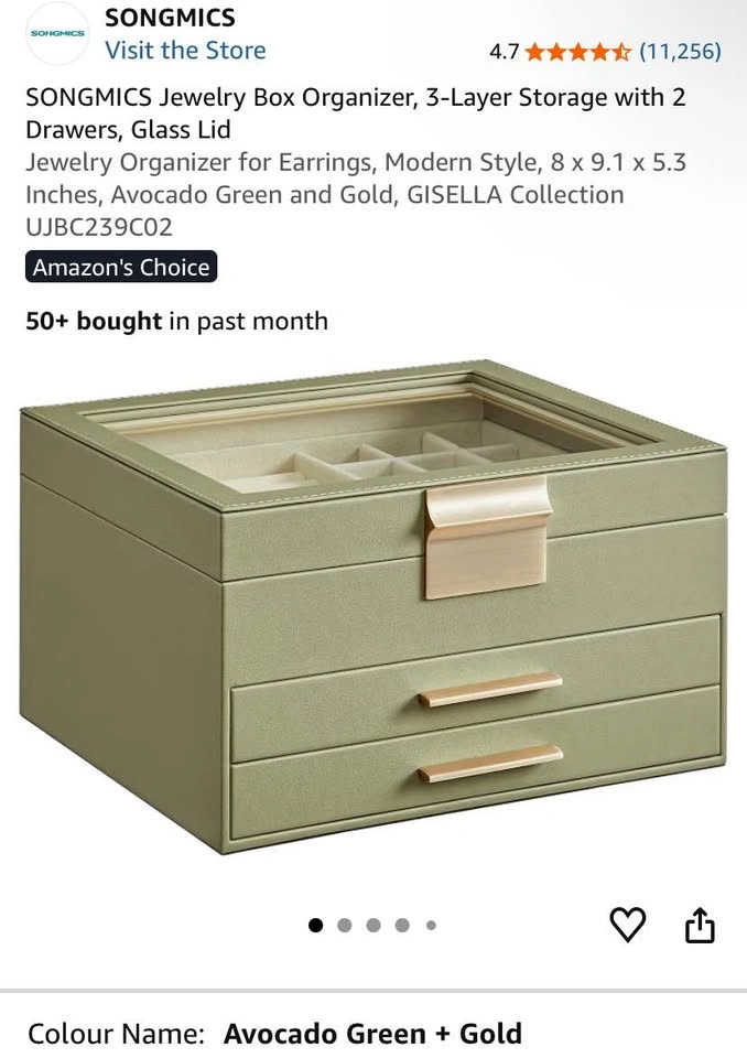 Jewelry Box Organizer, 3-Layer Storage with 2 Drawers, Glass Lid - photo 3