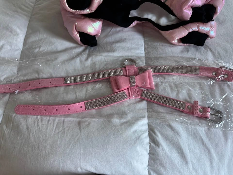 New Pink Rhinestone Harness and Winter Dog Snowsuit (7-10lbs) - photo 3