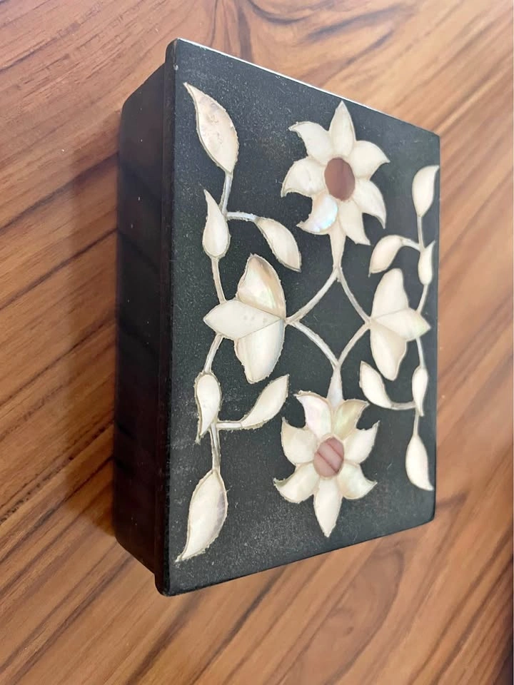 Vintage Black Stone Trinket Box with Mother of Pearl Inlay