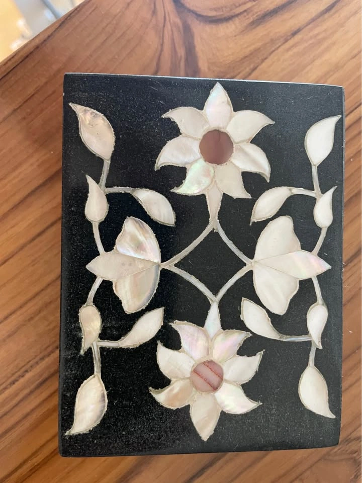 Vintage Black Stone Trinket Box with Mother of Pearl Inlay - photo 2