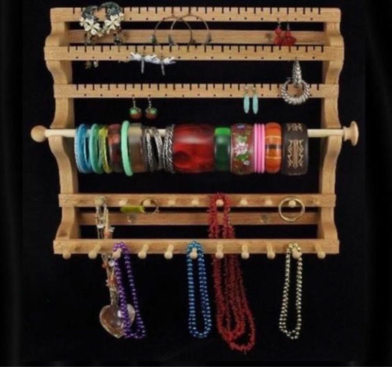 Oak Wall Mount Jewelry Organizer - Black