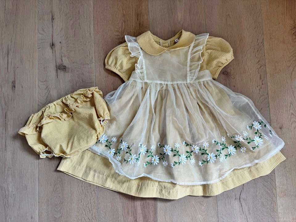 3Y Toddler Girl Yellow Gingham Daisy Dress and Bloomers Set