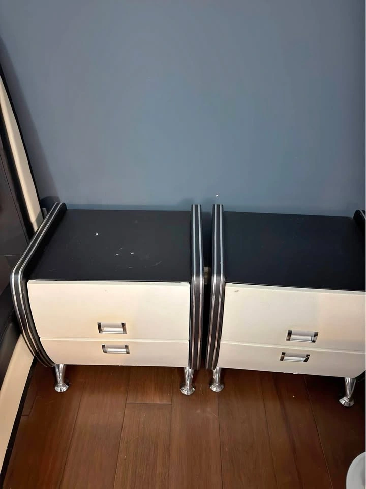 Modern Black and White Faux Leather Bed Frame and Nightstands