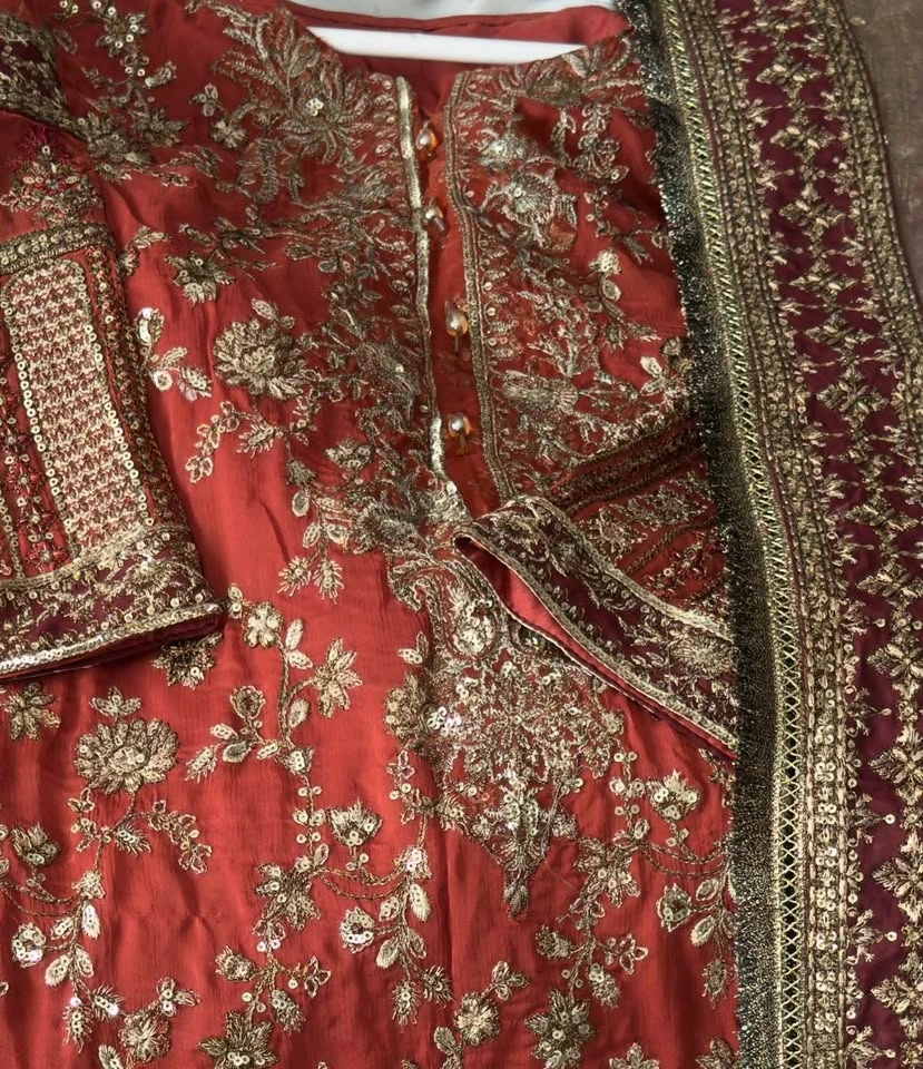 Embroidered Rust and Maroon Designer Party Dress