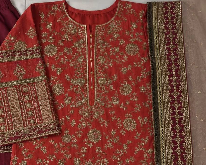 Embroidered Rust and Maroon Designer Party Dress - photo 2