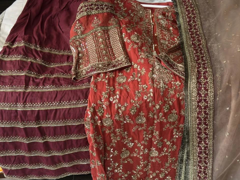 Embroidered Rust and Maroon Designer Party Dress - photo 3