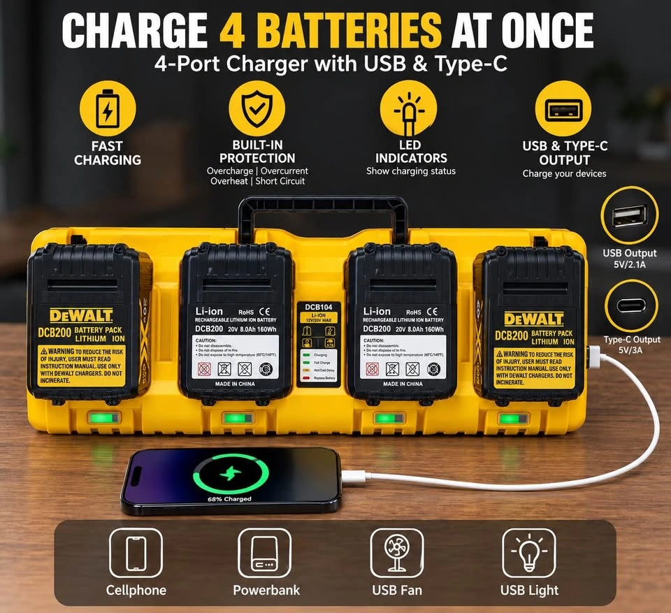4-Port Battery Charger for DeWalt 12V/20V MAX – USB & Type-C - photo 3