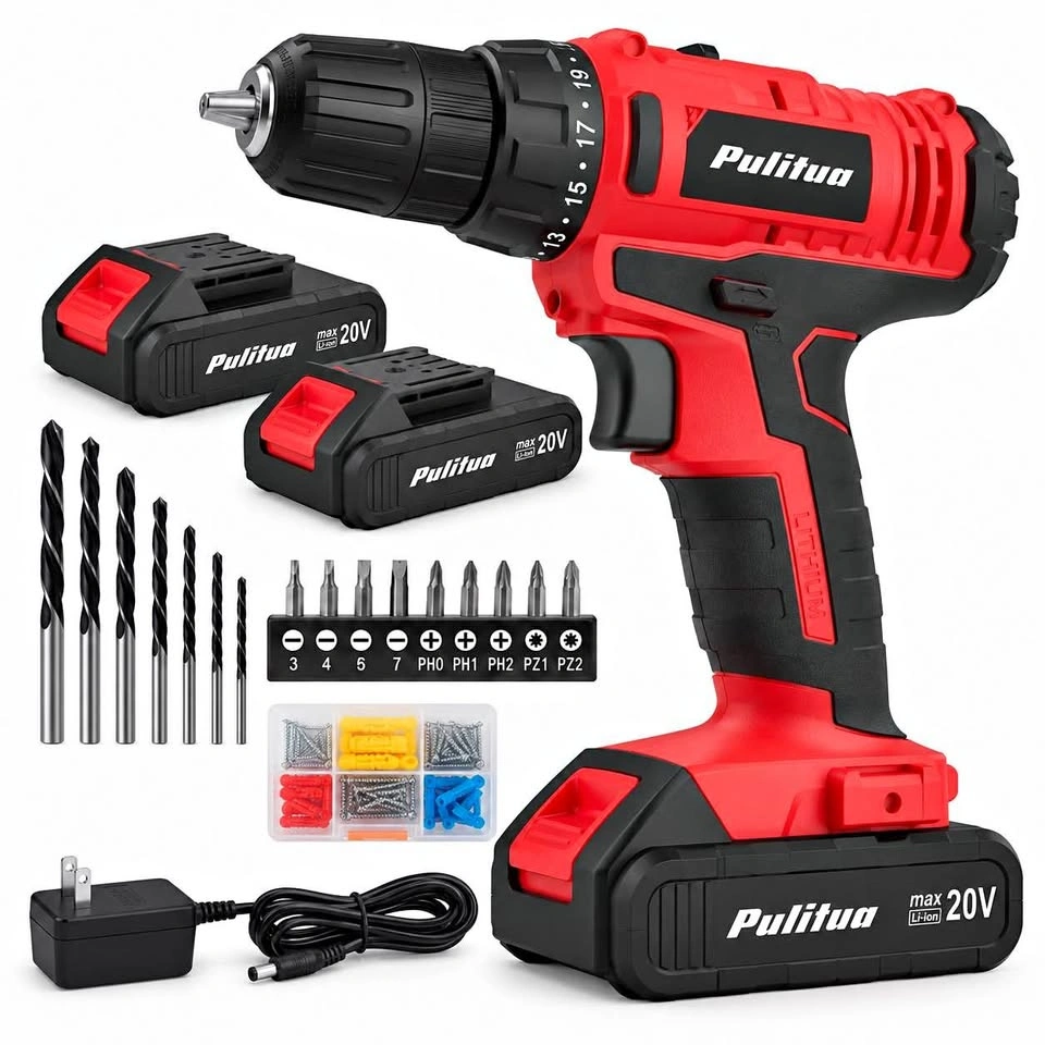 Pulituo 20V Cordless Drill Kit – 2 Batteries + Accessories