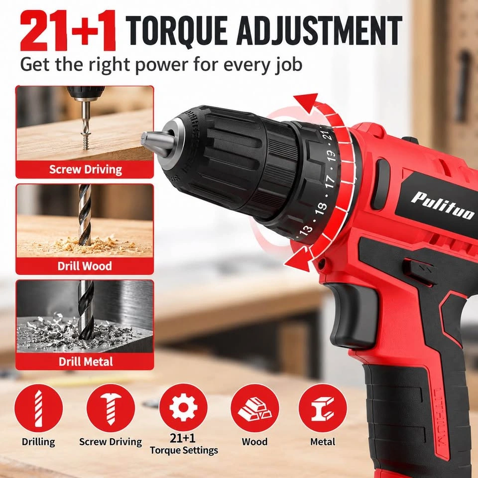 Pulituo 20V Cordless Drill Kit – 2 Batteries + Accessories - photo 3