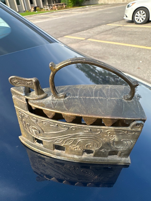 Vintage decorative miniature brass toned pewter coal iron