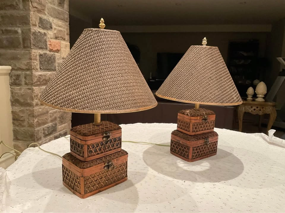 Table Lamps PAIR Of Vintage Stacked Rattan - photo 4