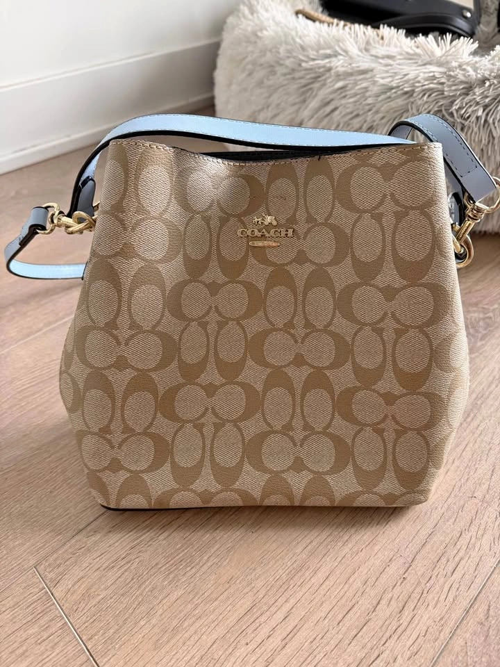 Coach Signature Canvas Bucket Bag (baby blue trim)
