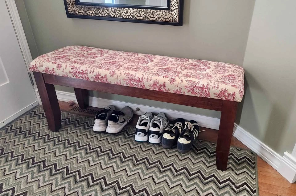 Red Toile Upholstered Wooden Bench