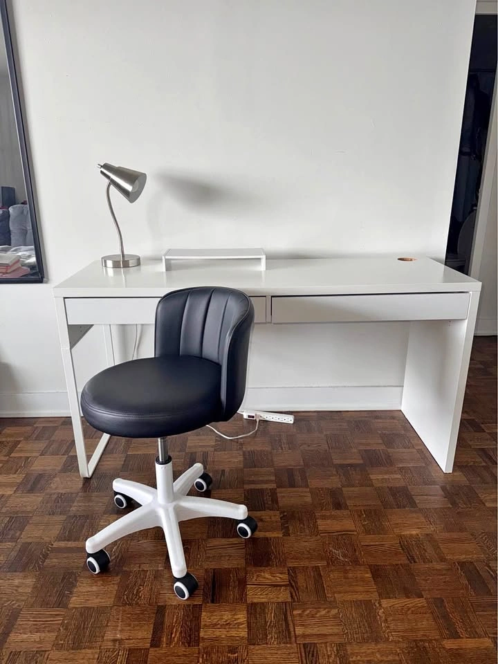 White Desk + Office Chair + Lamp + Laptop Stand