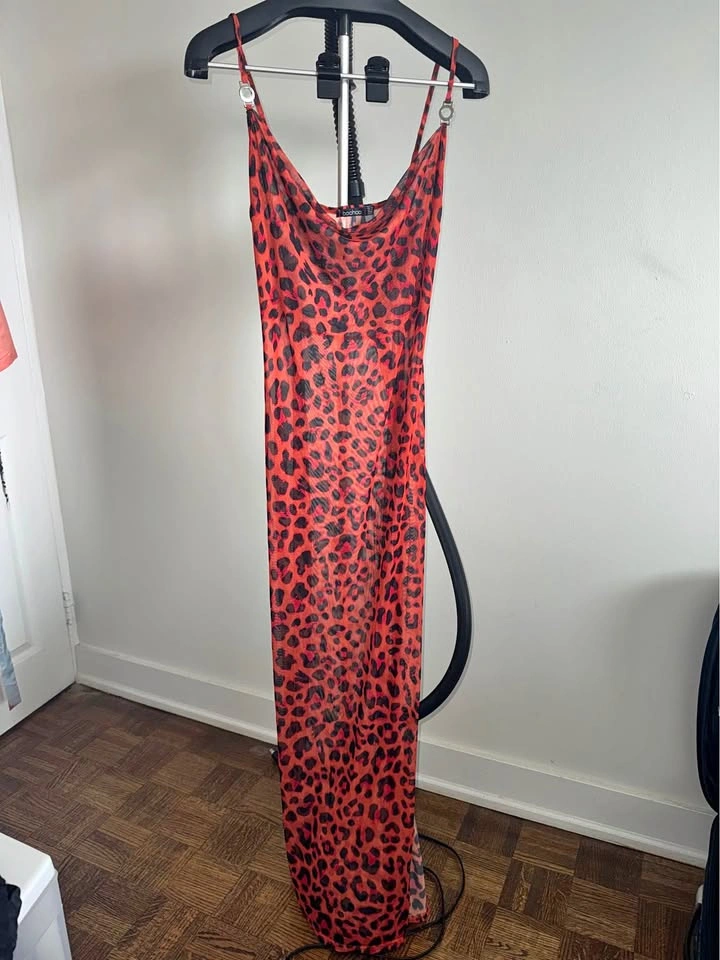 Red Leopard Slip Dress Sheer Cover Up Swim
