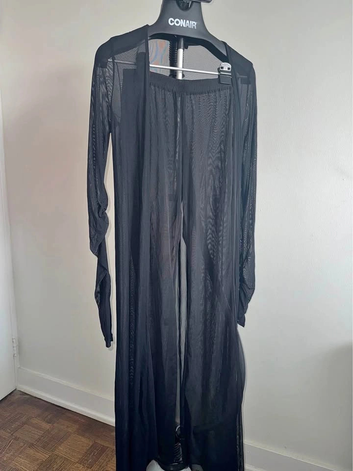 Black Sheer Mesh Wide Leg Pant and Long Sleeve Cover Up Top