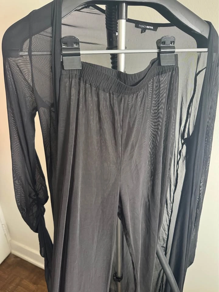 Black Sheer Mesh Wide Leg Pant and Long Sleeve Cover Up Top - photo 4