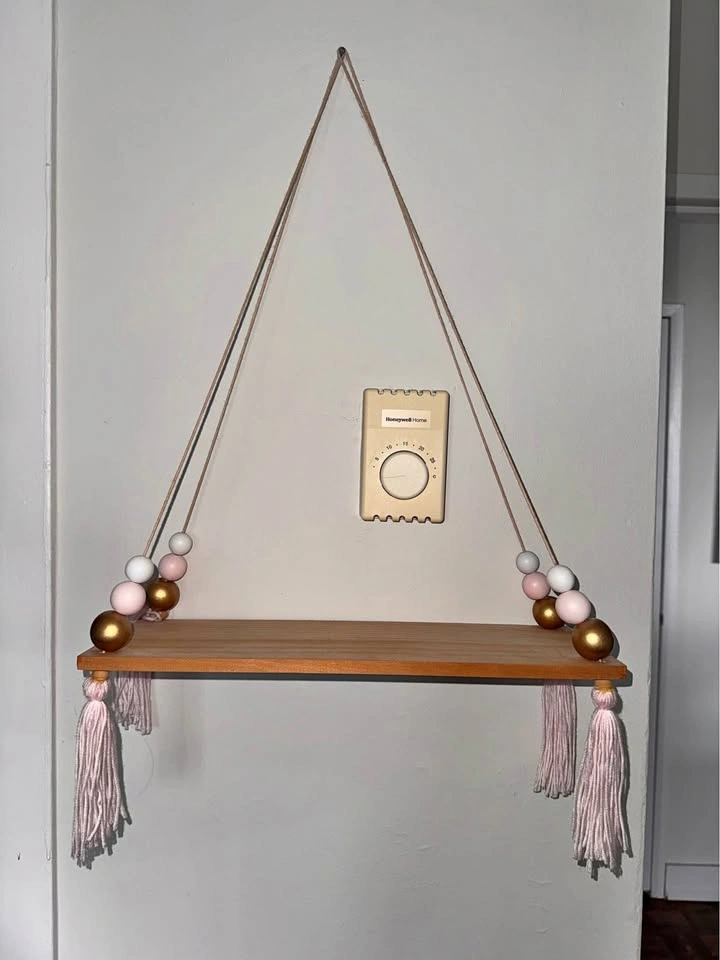 Boho Hanging Wooden Wall Shelf with Beads & Tassels