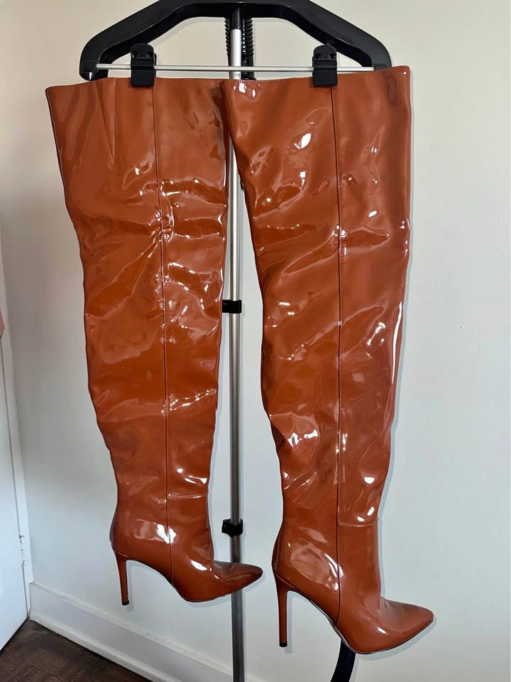 PrettyLittleThing Patent Over The Knee Stiletto Boots Brown US8