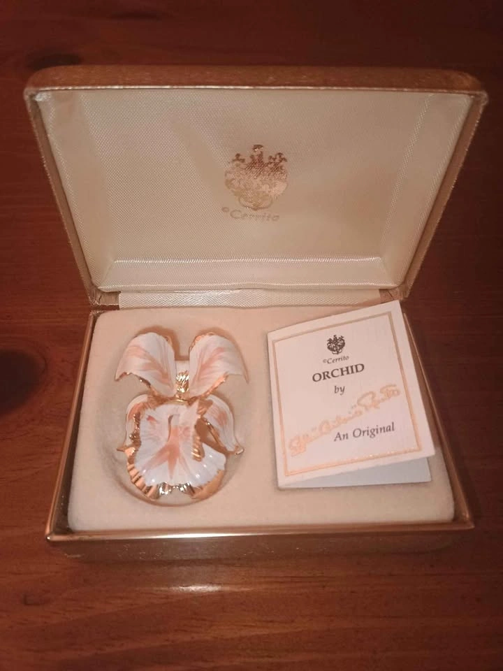 Vintage Cerrito Peach Enamel Orchid Brooch Pin Signed NOS